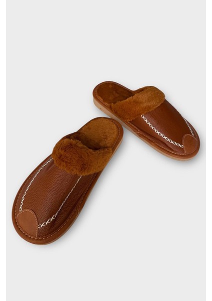 Deri Görünümlü Kürklü Erkek Ev Terliği Taba fırsatları