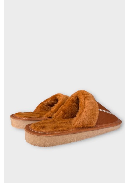 Deri Görünümlü Kürklü Erkek Ev Terliği Taba indirimleri