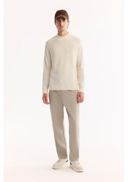 Erkek Ekru Bisiklet Yaka Soft Touch Dokulu Triko Regular Fit Kazak A52Y5028