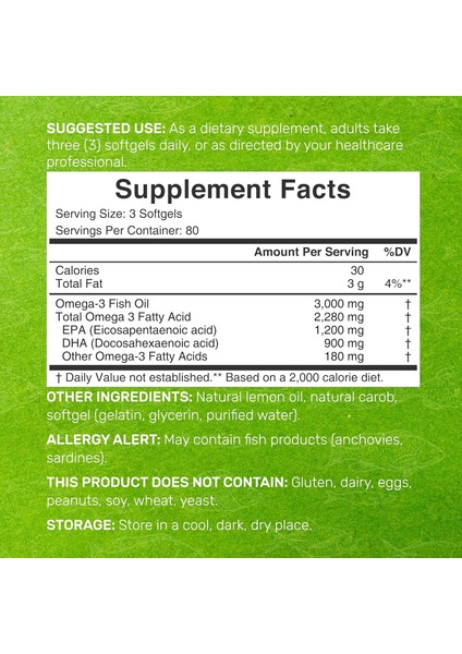 Omega 3 Fish Oil Epa Dha Brain & Heart Support 3,000MG 240 Softgels fiyatları