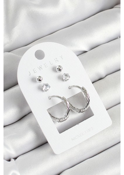 Pirinç Zirkon Taş ve Halka Figürlü Gümüş Renk 3'lü Çift Kadın Küpe Set - Lisinya