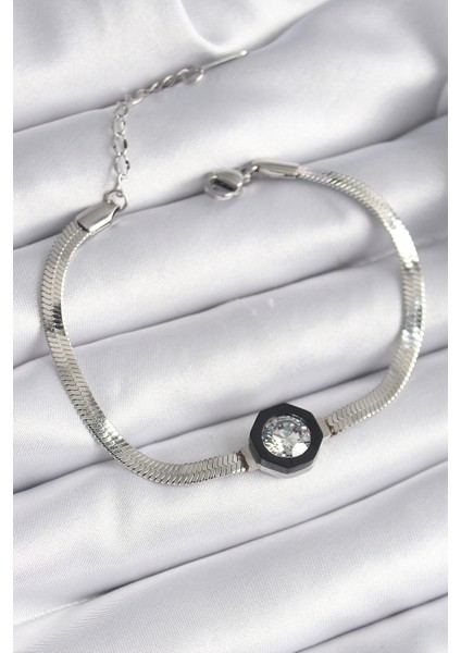 316L Çelik Gümüş Renk Zirkon Taşlı Italyan Zincir Model Kadın Bileklik - Lisinya
