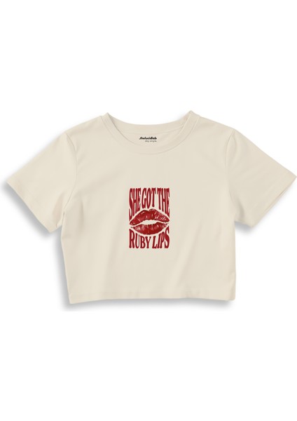 Ruby Lips Crop Tişört - Ekru