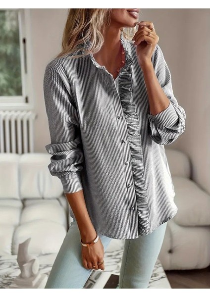 Kadın Uzun Kollu Fırfır Yakalı Önden Düğmeli Çizgili Burgu Gömlek fiyatları