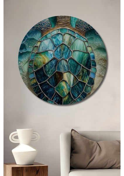 Deniz Kaplumbağası Mozaik Görünümlü Modern Sanat Ahşap Dekoratif Tablo Yuvarlak Tablo
