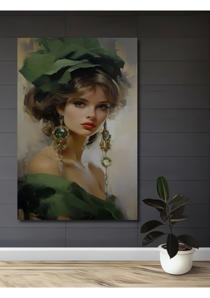 Zümrüt Küpeli Göz Alıcı Kadın Yağlı Boya Görünümlü Ahşap Dekoratif Tablo Dikdörtgen Tablo