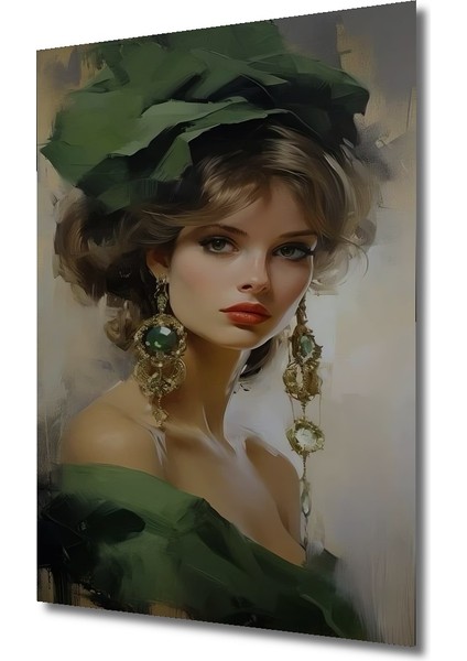 Zümrüt Küpeli Göz Alıcı Kadın Yağlı Boya Görünümlü Ahşap Dekoratif Tablo Dikdörtgen Tablo modelleri