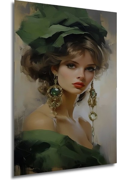 Zümrüt Küpeli Göz Alıcı Kadın Yağlı Boya Görünümlü Ahşap Dekoratif Tablo Dikdörtgen Tablo fırsatları