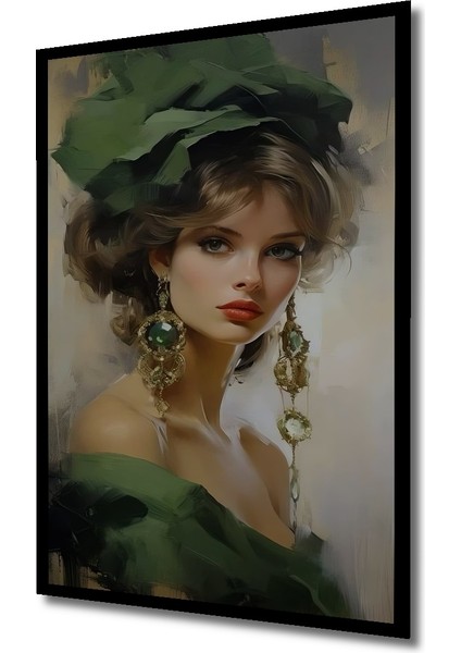 Zümrüt Küpeli Göz Alıcı Kadın Yağlı Boya Görünümlü Ahşap Dekoratif Tablo Dikdörtgen Tablo indirimleri