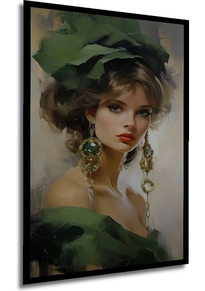 Zümrüt Küpeli Göz Alıcı Kadın Yağlı Boya Görünümlü Ahşap Dekoratif Tablo Dikdörtgen Tablo