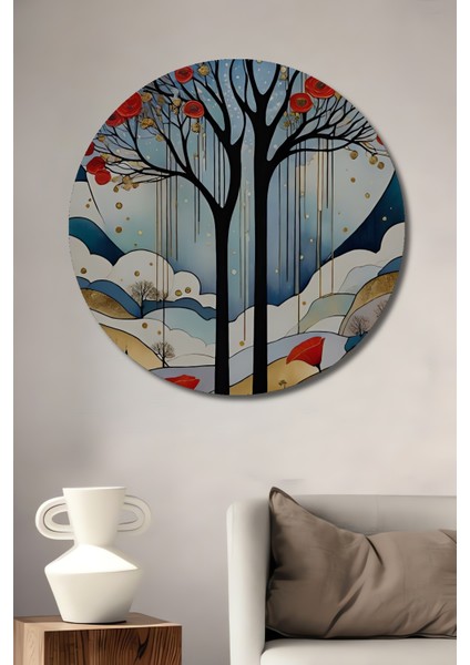 Kırmızı Gelincik Ağacı Sulu Boya Görünümlü Dekoratif Ahşap Tablo Yuvarlak Tablo
