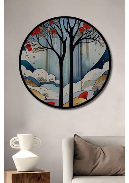 Kırmızı Gelincik Ağacı Sulu Boya Görünümlü Dekoratif Ahşap Tablo Yuvarlak Tablo fiyatları
