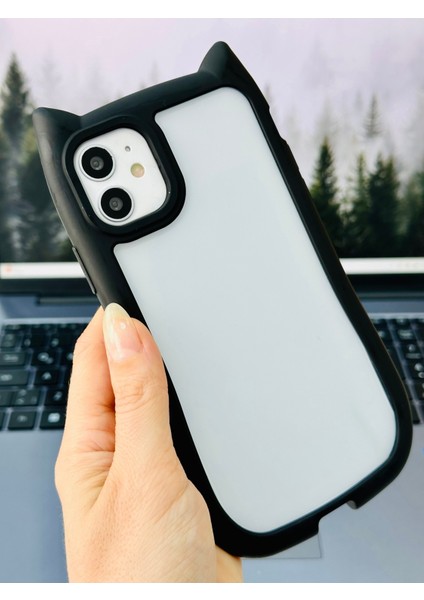 Iphone 11 Uyumlu Siyah Kulaklı Kedi Kenar Darbe Önleyici Şeffaf Silikon Kılıf