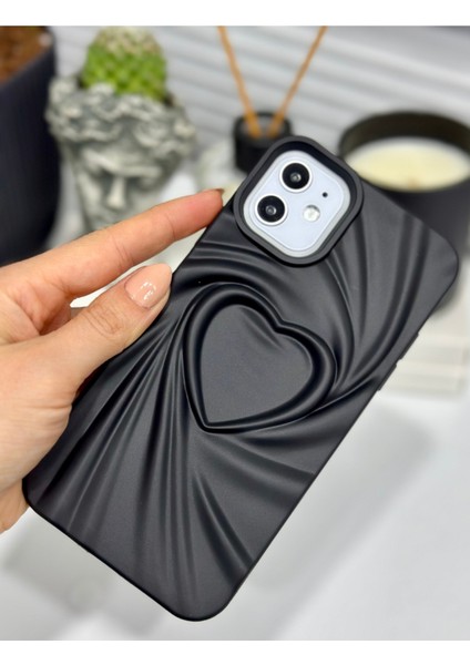 Apple Iphone 11 Uyumlu 3D Mat Saten Kalp Kabartma Desenli Darbe Önleyici Silikon Kılıf