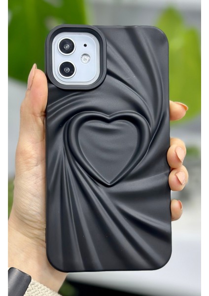 Apple Iphone 11 Uyumlu 3D Mat Saten Kalp Kabartma Desenli Darbe Önleyici Silikon Kılıf