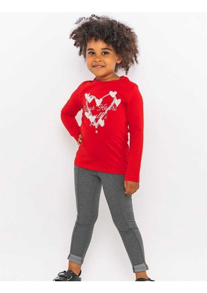 Kız Çocuk Kalpli Taytlı Takım 6111 Kırmızı