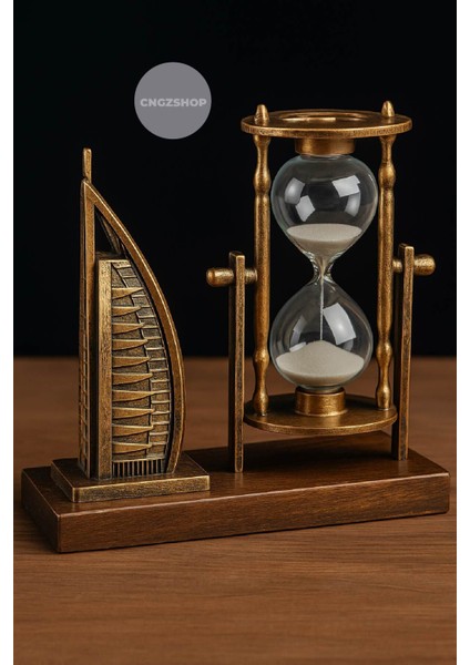 Vintage Burj Al Arab ve Kum Saati Dekoratif Biblo | Lüks Ahşap Standlı Retro Masa Üstü Aksesuar