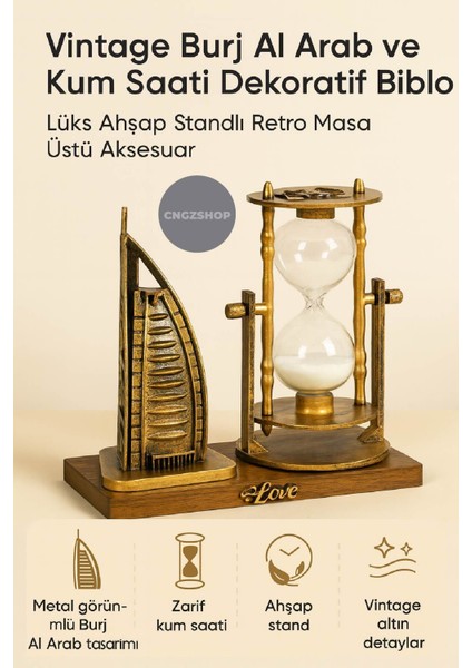 Vintage Burj Al Arab ve Kum Saati Dekoratif Biblo | Lüks Ahşap Standlı Retro Masa Üstü Aksesuar fiyatları