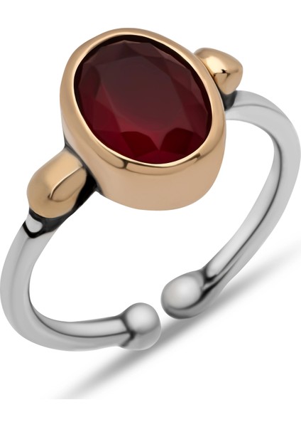 Gümüş Kırmızı Taşlı Ayarlanabilir Otantik Kadın Yüzük