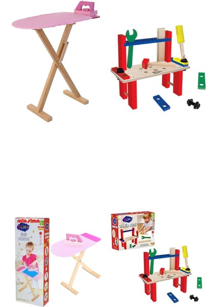 Ahşap Oyuncak Ütü Masası ve Tezgahlı Tamir Aletleri Seti Anaokulu İlgi Oyuncakları Evcilik Oyunu