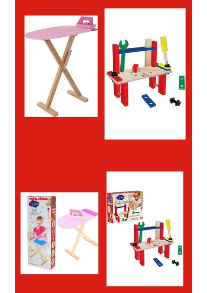 Ahşap Oyuncak Ütü Masası ve Tezgahlı Tamir Aletleri Seti Anaokulu İlgi Oyuncakları Evcilik Oyunu