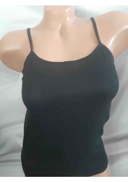 Siyah Ribana Ipli Düz Biye Ip Askılı Kadın Atlet