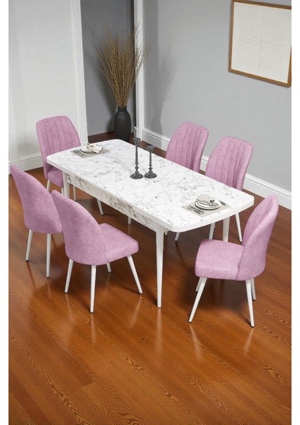 Bara Beyaz Mermer 80X132 Açılabilir Sunta Masa Yemek Odası Takımı, Mutfak Takımı 6 Adet Sandalye