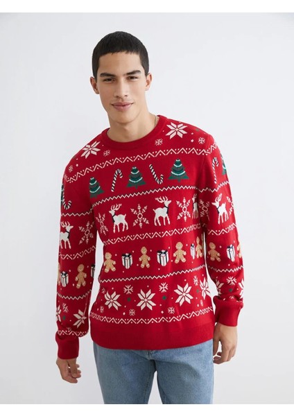 Bisiklet Yaka Yılbaşı Temalı Erkek Triko Kazak (W5)