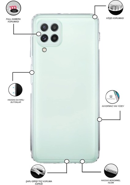 Samsung Galaxy M22 ile Uyumlu Kapak Kamera Korumalı Şarj Yeri Tıpalı Şeffaf Silikon Kılıf fiyatları