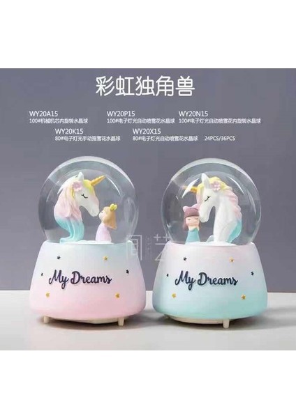 Unicorn ve Sevimli Kız Temalı Işıklı Müzikli Orta Boy Kar Küresi