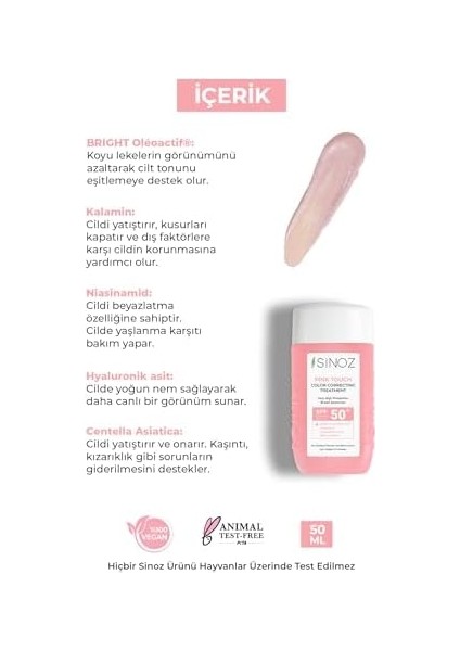 Sinoz Pink Touch Anında Ton Eşitleyici Onarıcı Nemlendirici Pembe Yüz Güneş Kremi SPF50