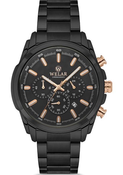 WEL2456-6 Erkek Kol Saati Kronometreli, Çelik Kasakordon, Sugeçirmez, Siyah Renk, Siyah Kadran