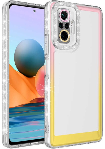 Spia Xiaomi Redmi Note 10 Pro Kılıf Simli ve Renk Geçiş Tasarımlı Lens Korumalı Spıa Park Kapak-Pembe-Sarı