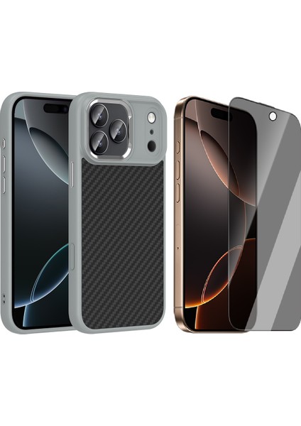 iPhone 17 Pro Max Kılıf M-Safe Şarj Özellikli Karbon Fiber Görünümlü Zore Truva Silikon Kapak + Hayalet Ekran Koruyucu