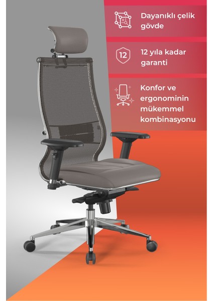 Samurai Ergonomik Koltuk | Bel Destekli, Tekerlekli, Yükseklik Ayarlı, Yönetici Koltuğu - 23.3.5.61 Gri