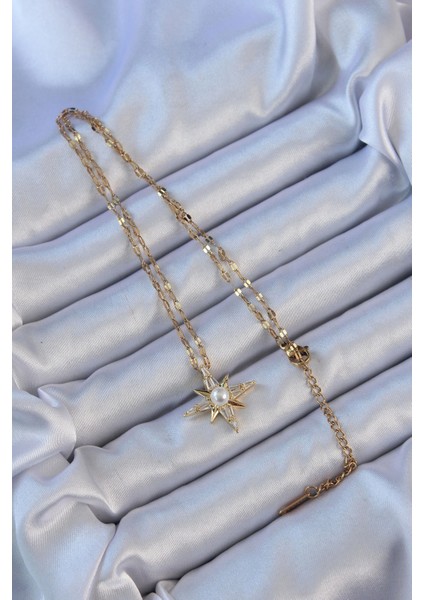 316L Çelik Zincir Altın Renk Baget Taşlı Inci Detay Kutup Yıldızı Kolye - TJ-BKO9119 fiyatları