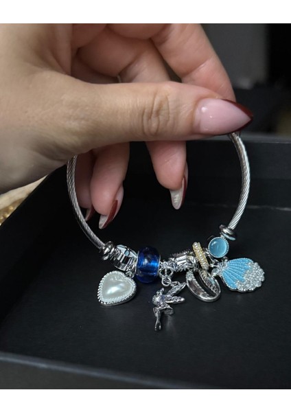 Gümüş Renk Mavi Deniz Kabuğu Charmlı Pandora Çelik Bileklik - Temalı Charm'lı Hazır Set Bileklik -Deniz ve Peri Temalı Gümüş Rengi Charm Bileklik modelleri