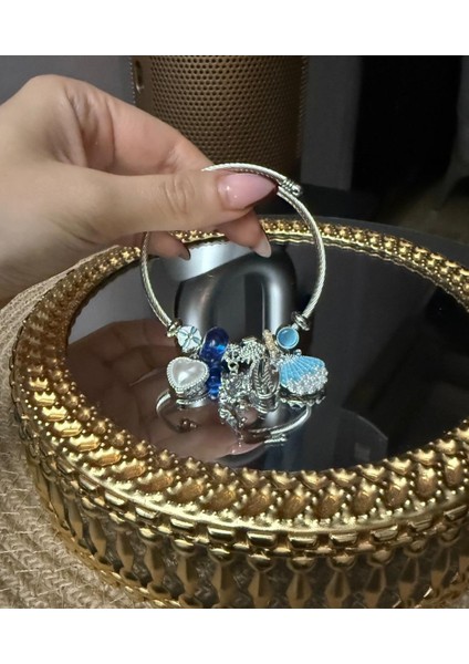 Gümüş Renk Mavi Deniz Kabuğu Charmlı Pandora Çelik Bileklik - Temalı Charm'lı Hazır Set Bileklik -Deniz ve Peri Temalı Gümüş Rengi Charm Bileklik