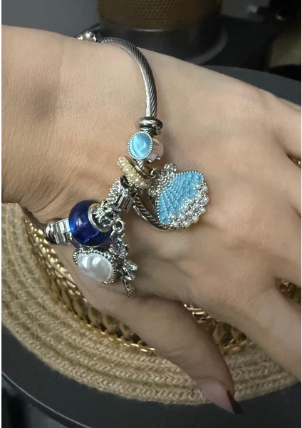 Gümüş Renk Mavi Deniz Kabuğu Charmlı Pandora Çelik Bileklik - Temalı Charm'lı Hazır Set Bileklik -Deniz ve Peri Temalı Gümüş Rengi Charm Bileklik