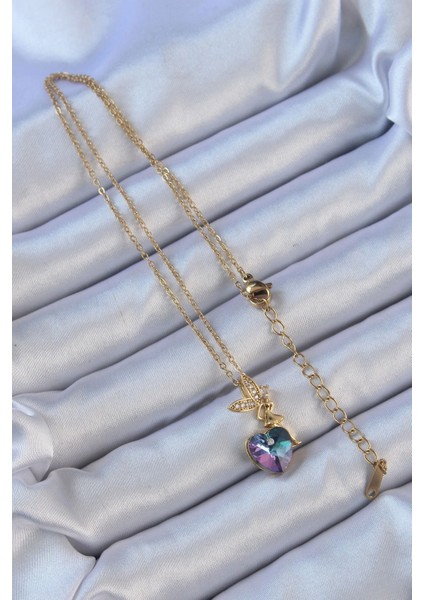 316L Çelik Zincir Altın Renk Mor Mavi Renk Zirkon Taşlı Kalp Detay Peri Kolye - TJ-BKO9127 fiyatları