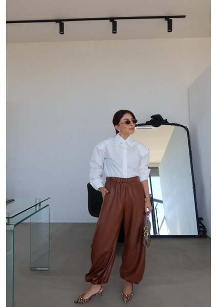 Paçası Lastikli Şalvar Deri Pantolon