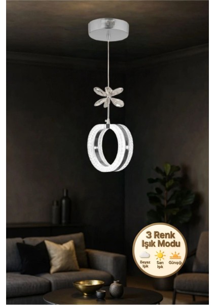 Aurea Model Gümüş 3 Renk Modu Ledli Kristal Taşlı Modern Salon Mutfak Oturma Odası Sarkıt LED Avize