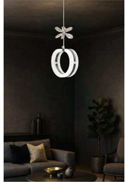 Aurea Model Gümüş 3 Renk Modu Ledli Kristal Taşlı Modern Salon Mutfak Oturma Odası Sarkıt LED Avize fiyatları