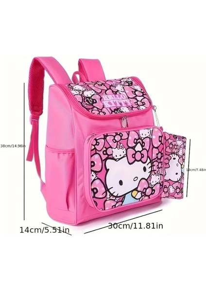 Çocuk Sırt Çantası 2 Li Set ( Sırt Çantası + Kalem Kutusu ) Hello Kitty Figürlü Koyu Pembe