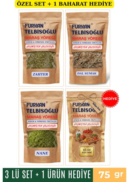 Organik Zahter 75GR + Organik Çöplü Sumak 75GR + Nane 75GR + 1 Baharat Hediye