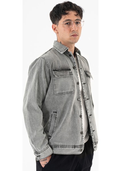 Erkek Açık Gri Kot Ceket Relax Fit Kapaklı Çift Cepli Gömlek Yaka fiyatları