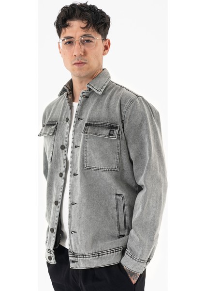 Erkek Açık Gri Kot Ceket Relax Fit Kapaklı Çift Cepli Gömlek Yaka modelleri