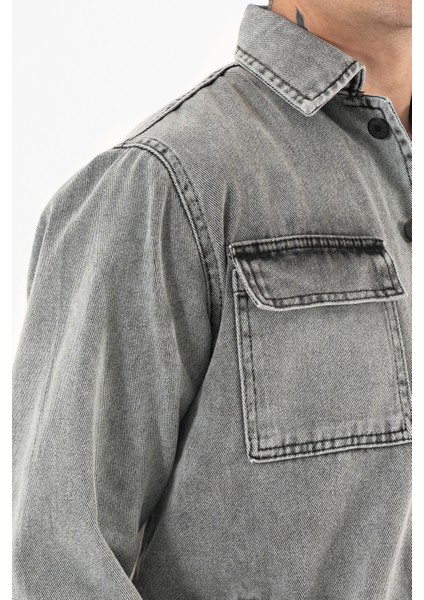 Erkek Açık Gri Kot Ceket Relax Fit Kapaklı Çift Cepli Gömlek Yaka