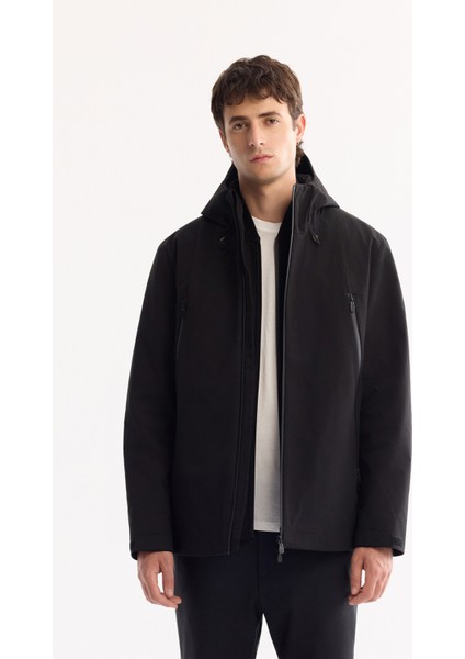 Erkek Siyah Fonksiyonel Çift Kullanımlı Su İtici Rüzgar Geçirmez Mevsimlik Mont A52Y6096