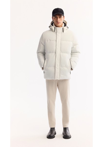 Erkek Beyaz Kapüşonlu Su İtici Rüzgar Geçirmez -10°C Dayanıklı Şişme Kayak Montu A52Y6107